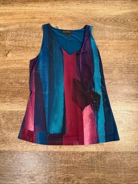 Donna Karan Multicolor Vertical Brushstroke V-Neck Camisole - Teal & Burgundy